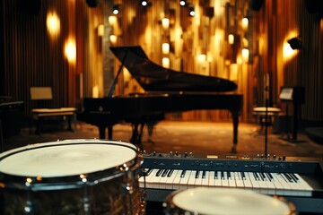Obraz premium Musical instruments in a dimly lit room.
