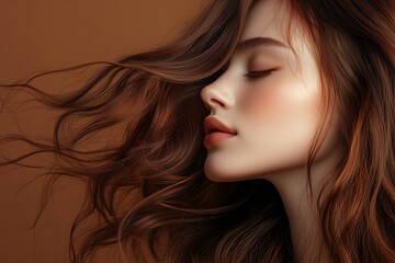 Naklejka premium young woman, 20s, flowing auburn muted mocha brown toned hair on a muted mocha brown background