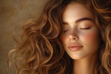 Naklejka premium young woman, 20s, flowing auburn muted mocha brown toned hair on a muted mocha brown background