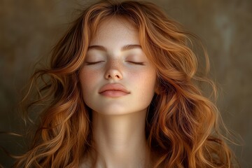 Naklejka premium young woman, 20s, flowing auburn muted mocha brown toned hair on a muted mocha brown background