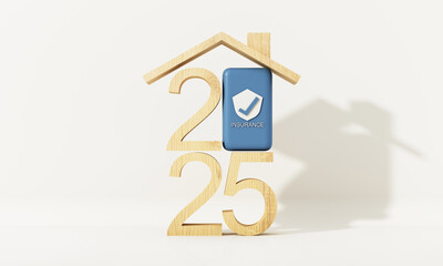 Naklejka premium Wooden 2025 numbers with a house-shaped roof and a blue insurance icon, symbolizing secure home insurance for the upcoming year. 3d rendering.