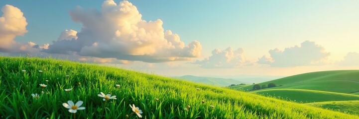 Fototapeta premium Softly glowing clouds float above a serene landscape, as gentle morning dew sparkles on lush green grass, serene, clouds