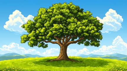 Obraz premium Pixelated Lush Green Tree on Sunny Hilltop Meadow