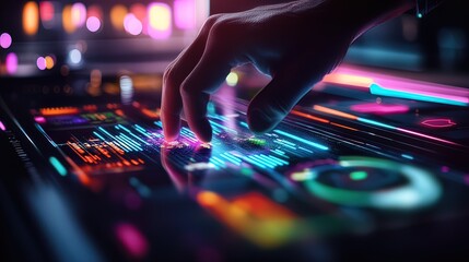 Hand using futuristic music controller with vibrant neon lights and digital audio waveforms.