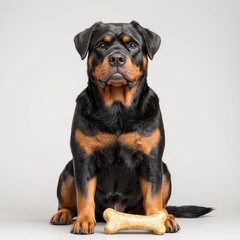 Fototapeta premium Majestic Rottweiler Sitting with a Bone on a Plain Background