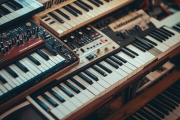 Fototapeta premium Multiple keyboards and synthesizers stacked together.