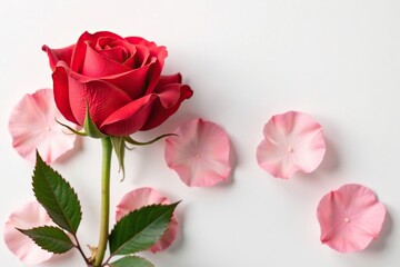 Soft red rose petals against a white background, simplicity, elegant, flower