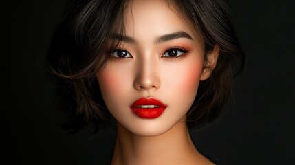 Fototapeta premium Portrait of a Young Woman with Red Lips and Dark Hair
