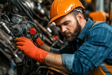A skilled mechanic wearing an orange safety helmet, blue work uniform, and red gloves carefully adjusts machinery in an industrial setting.