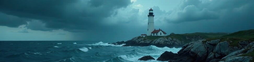 Stormy weather surrounds the isolated lighthouse, atmosphere, gray sky, stormy