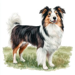 Adorable Collie Dog Standing on Green Grass with Happy Expression