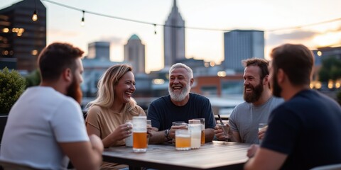 Fototapeta premium A group of friends sharing drinks and laughter on a rooftop bar, with the city skyline glowing in the warm light of a sunset