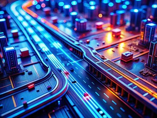 Fototapeta premium Retro Futuristic Cyber Highway: Blue & Red Circuit Tilt-Shift Stock Photo