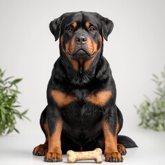 Obraz premium Impressive Rottweiler Dog Sitting Calmly with a Bone in Studio
