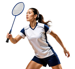 Professional woman badminton player holding a racket about to strike a shuttlecock