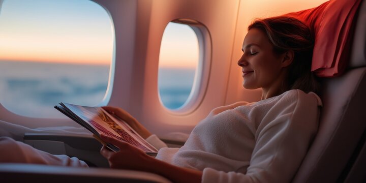 A passenger relaxing in a plane seat, with a travel magazine in hand and a view of the plane cabin, illuminated by soft ambient lighting - Powered by Adobe