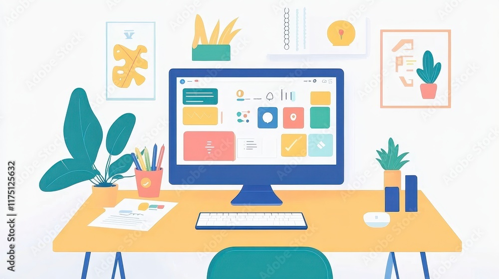 Poster modern minimalist workspace with computer keyboard and plants flat design illustration
