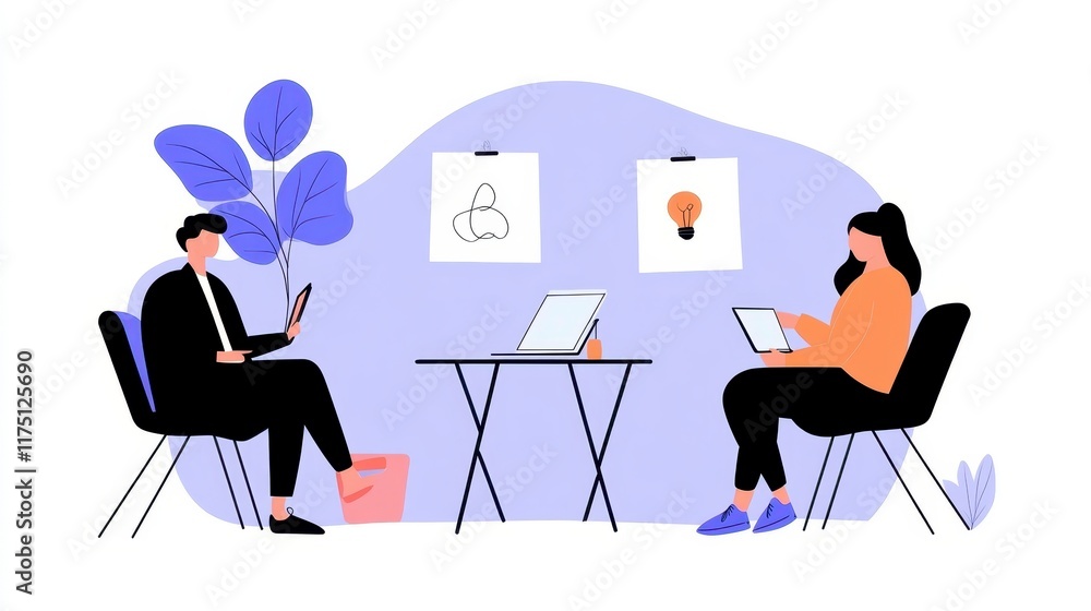 Poster Two Colleagues Collaborate on Projects Using Tablets and Laptops in a Modern Office Space