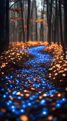 Magical blue stream path in autumn forest.