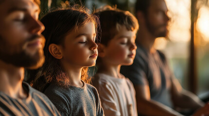 Naklejka premium Family meditating together in peaceful sunset light
