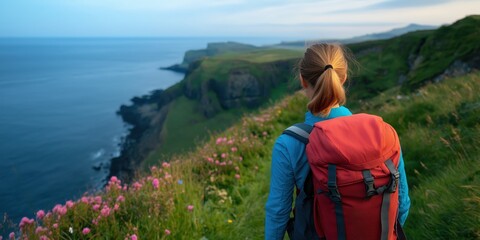 A solo traveler hiking a coastal cliff trail, with a breathtaking view of the ocean below and wildflowers lining the path