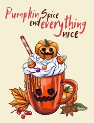 Pumpkin spice flavored food and drinks vector horizontal banner design. Autumn seasonal cartoon illustration cafe, Halloween Witch Club SVG Sublimation T shirt Design