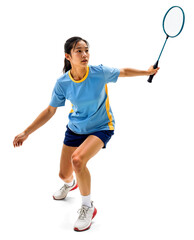 Asian woman badminton player in active poses holding a badminton racket