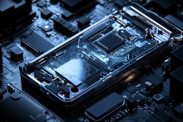 Fototapeta premium Transparent phone, internal components, circuit board.
