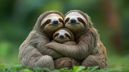 Fototapeta premium A heartwarming scene of three sloths embracing in a lush green environment.