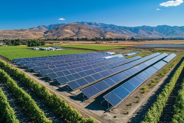 Solar panels among vineyards, mountain backdrop.