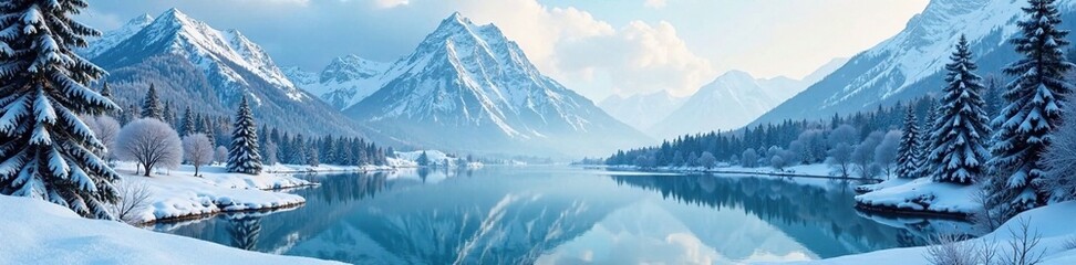 Fototapeta premium Winter wonderland scene with a frozen lake and snow-covered mountains in the background, christmas, mountains, peaceful