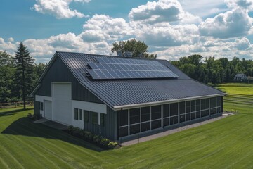 Obraz premium Modern barn, solar panels, green lawn, sunny day.