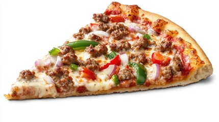 A slice of pizza with a perfect blend of toppings like sausage, peppers, and onions, ready to eat.
