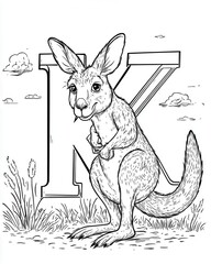 Obraz premium Black and white illustration of a kangaroo with the letter K.