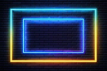 Vibrant blue and yellow neon rectangles and squares glow against a black backdrop.