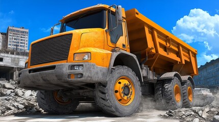 Obraz premium Powerful Yellow Dump Truck on Rough Terrain, Dust and Debris
