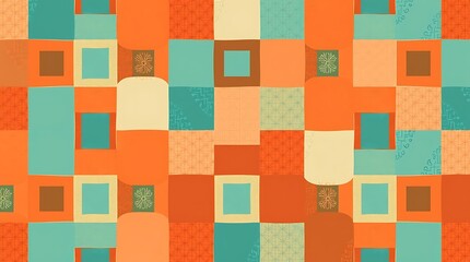 Vibrant Geometric Patchwork: A captivating seamless pattern of orange, teal, and cream squares, rectangles, and organic shapes. Ideal for textile design, backgrounds, and branding. 