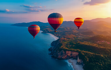 Fototapeta premium Colorful hot air balloons floating over a coastal cliff, against a clear sky and crashing ocean waves below. Spectacular, bright sunlight, vibrant colors. Generative AI.