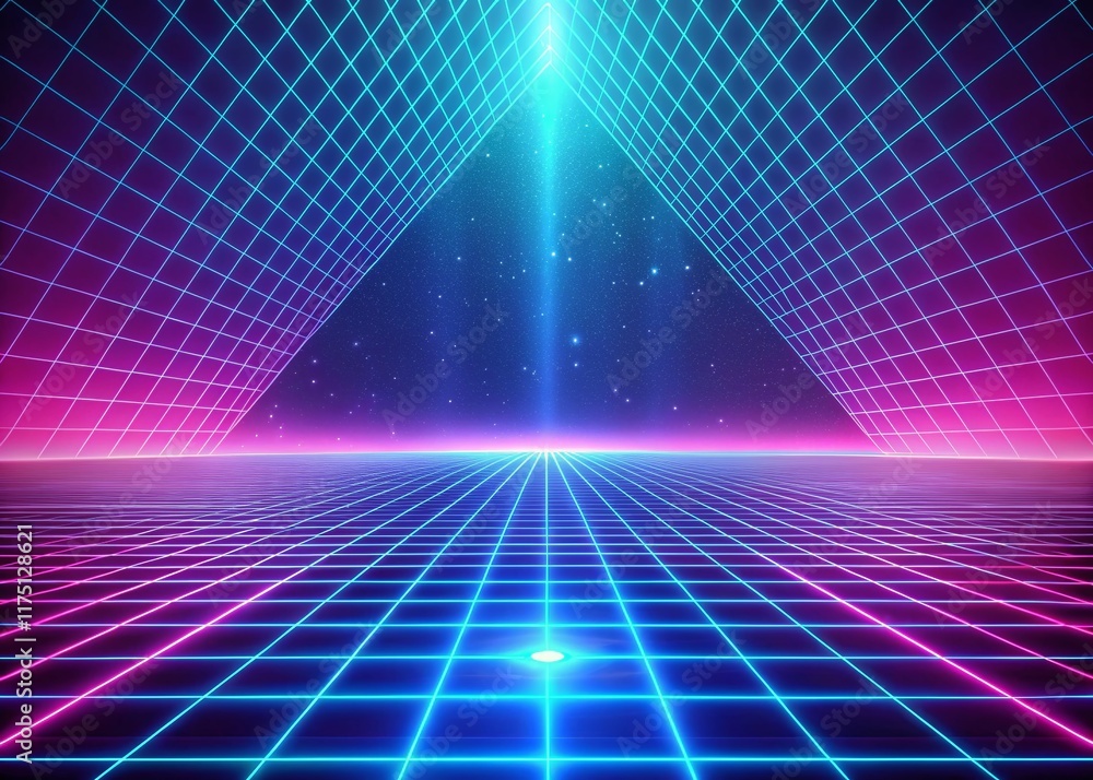 Poster retro wave grid neon lines background - synthwave 80s style digital art