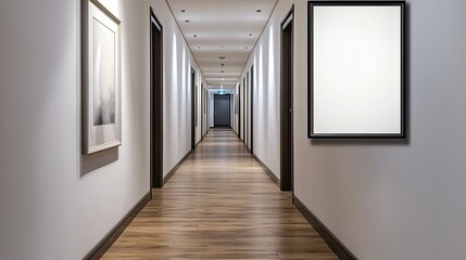 Modern hallway interior design with artwork and blank frame