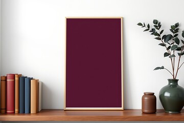 Empty Frame on Shelf: A simple yet elegant composition featuring a maroon framed picture on a wooden shelf against a white wall. The shelf is adorned with a vase of green leaves, a terracotta pot.