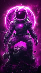 Naklejka premium Purple Astronaut on a Desolate Alien Planet, Illuminated by a Glowing Orb