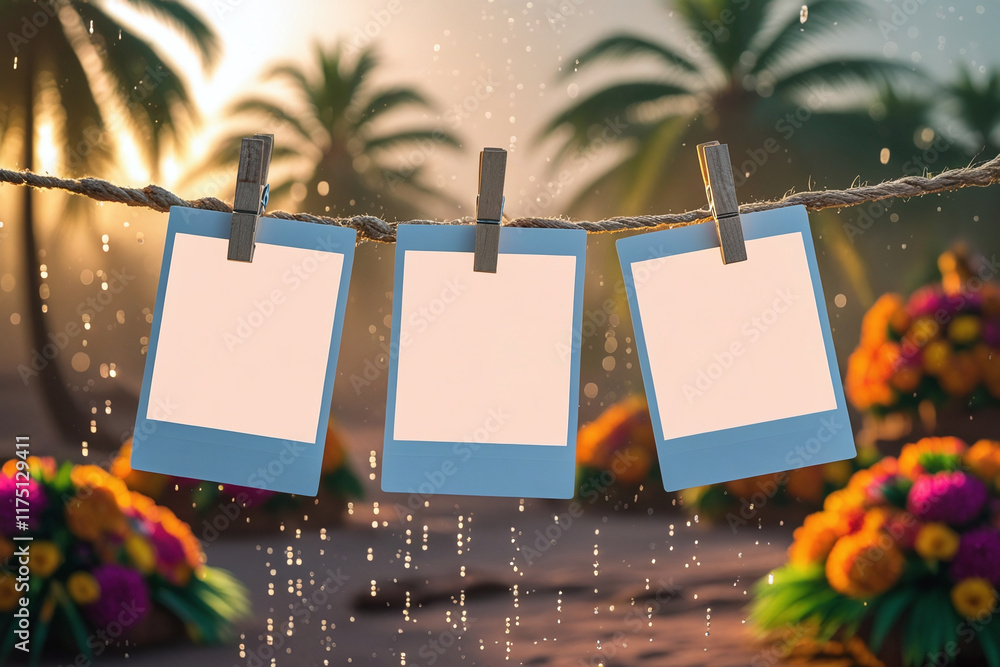 Poster three empty polaroids with blue frames that are attached with clothespins to a rope. palm trees and 