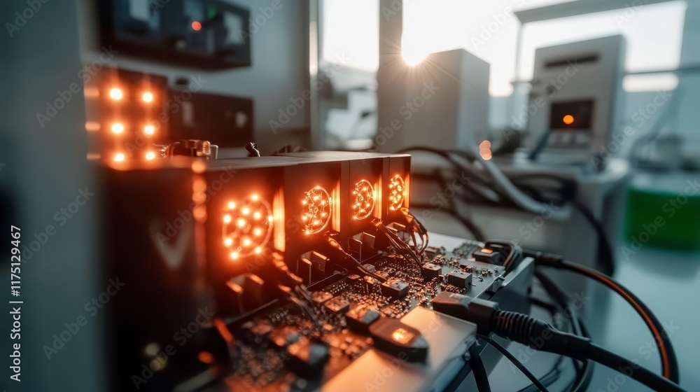 Poster advanced technology illuminated circuit board with multiple processors and cables in a modern lab
