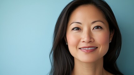Fototapeta premium Portrait of a smiling Asian woman with long dark hair