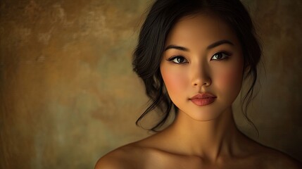 Naklejka premium A Young Woman With Dark Hair Poses Against A Brown Background