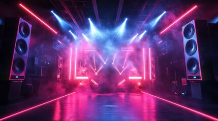 Neon stage with pink and blue lighting, smoke, and large speakers.