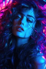 Naklejka premium Close-up portrait of a woman with vibrant neon-lit hair Ideal for fashion beauty or artistic projects Captures a dramatic and mysterious mood