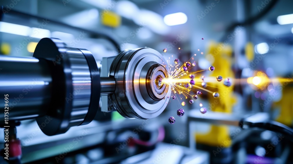 Poster advanced industrial machinery high tech manufacturing process with precise particle ejection