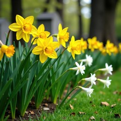 Obraz premium Yellow daffodils and white lilies in a serene cemetery scene, burial, yellow, daffodils